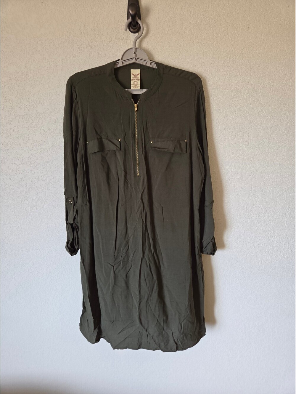 Faded Glory Women's Olive Rayon Zip Front Long Sleeve Dress with Pockets